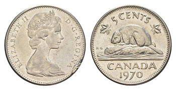 Канада 5 центов 1970 Елизавета II (1952-2022), бобр, редкий год KM 60.1 никель 4630-717