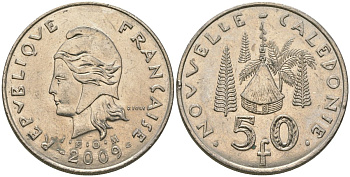 Французская Новая Каледония 50 франков 2009 хижина среди сосен и пальм, (IEOM) KM 13a, Schoen 15a, Lec 128i медно-никель 115-624