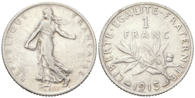 Франция 1 франк 1915 KM 844 серебро 4616-532