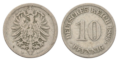 Германия 10 пфеннигов 1889 D, Вильгельм II (1888-1918) KM 4, J. 4 медно-никель 4636-551