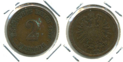 ГЕРМАНИЯ 2 ПФЕННИГА 1877 A, СТАРОГЕРБОВКА KM 2, J.2 медь 701-442