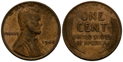 США 1 цент 1944 Линкольн KM A132 медь цинк 4164-837