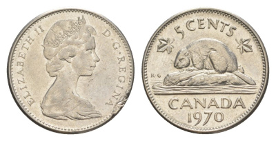 Канада 5 центов 1970 Елизавета II (1952-2022), бобр, редкий год KM 60.1 никель 4630-717