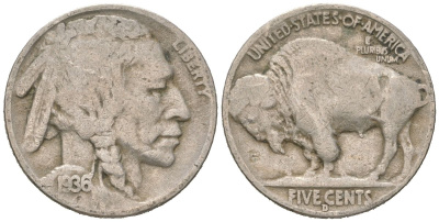 США 5 центов 1936 D, индеец, бизон KM 134 медно-никель 4614-1259
