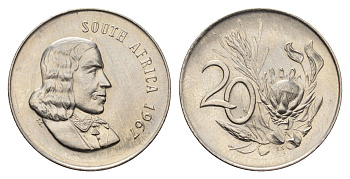ЮАР 20 центов 1967 Ян ван Рибек (1619-1677), South Africa, легенда на английском, цветок протея KM 69.1 никель BU 4693-445