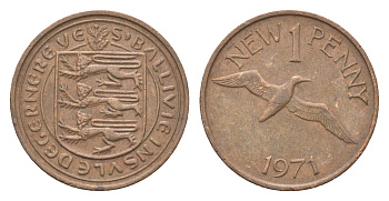 Гернси 1 новый пенни 1971 Елизавета II (1952-2022), северная олуша в полете KM 21 бронза 4702-743