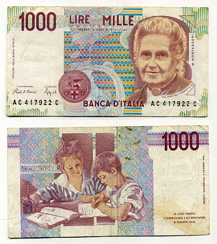 Италия 1000 лир 1990 Мария Монтессори Pick 114а бумага 8589-31-2-2