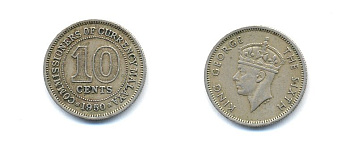 МАЛАЙЯ 10 ЦЕНТОВ 1950 KM 8 медно-никель 4379-539