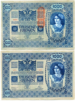 АВСТРИЯ 1000 КРОН 1919 КРАСНАЯ ВЕРТИКАЛЬНАЯ НАДПЕЧАТКА НА 1902 Pick 59 бумага 6289-53-1