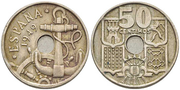 Испания 50 сентимо 1949 (54) Франсиско Франко (1939-1975), морская атрибутика KM 777 медно-никель 116-1048