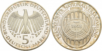 ФРГ 5 марок 1973 G, 125 лет Франкфуртскому парламенту J. 412, KM 137 серебро PROOF 1087-3-21