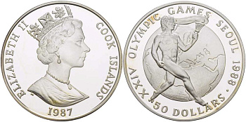 ОСТРОВА КУКА 50 ДОЛЛАРОВ 1987 XXIV ОЛИМПИЙСКИЕ ИГРЫ В СЕУЛЕ 1988 ГОДА, ФАКЕЛОНОСЕЦ, ПРОБА 925, ВЕС 28,28 ГР., ТИРАЖ 20000 ЭКЗ. KM 40 серебро PROOF 1085-7-42