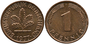 ФРГ 1 ПФЕННИГ 1977 F KM 105, J.380 сталь плакированная медью 96-1111