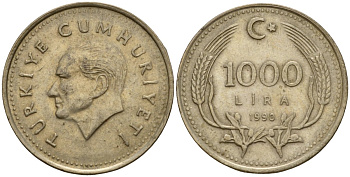 Турция 1000 лир 1990 Кемаль Ататюрк KM 997 медь цинк никель 4601-657