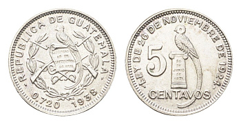 Гватемала 5 сентаво 1938 редкий год KM 238.2 серебро UNC 4127-1421