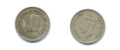 МАЛАЙЯ 10 ЦЕНТОВ 1950 KM 8 медно-никель 4379-539