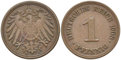 ГЕРМАНИЯ 1 ПФЕННИГ 1908 D KM 10, J. 10, Weege 2 медь 211-369