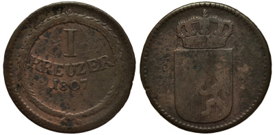 Баден 1 крейцер 1807 Великий Герцог Карл Людвиг Фридрих (1806-1811) KM 141 медь 1517-731