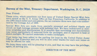 США официальный набор из 5 монет и жетона монетного двора 1965 Джон Кеннеди, оригинальный конверт, сертификат KM MS 118 серебро  UNC  1181-4-12