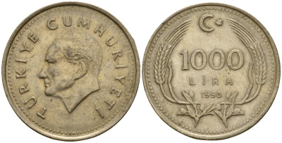 Турция 1000 лир 1990 Кемаль Ататюрк KM 997 медь цинк никель 4601-657