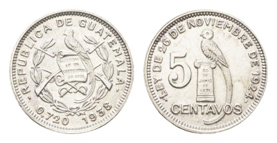 Гватемала 5 сентаво 1938 редкий год KM 238.2 серебро UNC 4127-1421