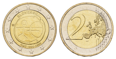 Словения 2 евро 2009 10 лет монетарной политики ЕС (EMU) и введения евро KM 82 биметалл UNC 1084-7-64