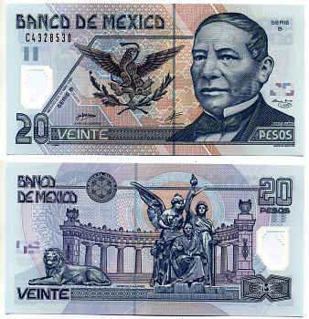 Мексика 20 песо 2001 17 мая 2001, серия В Pick 116а(4) пластик UNC (пресс) 7148-34-2-2