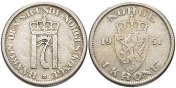 Норвегия 1 крона 1951 Хокон VII (1905-1957) KM 397.1 медно-никель 119-936