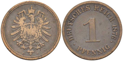 ГЕРМАНИЯ 1 ПФЕННИГ 1876 C, СТАРОГЕРБОВКА KM 1, J. 1, Weege 1 медь 206-1039