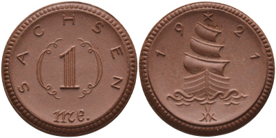 Саксония 1 марка 1921 парусник J. N 55 фарфор 1094-3-24