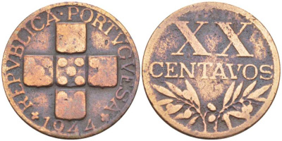 ПОРТУГАЛИЯ 20 СЕНТАВО 1944 KM 584 бронза 213-227