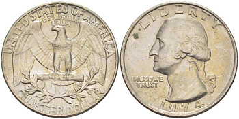 США 25 центов (квотер) 1974 Вашингтон KM 164a медь плакированная медно-никелем 217-112