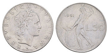 Италия 50 лир 1961 R, бог огня Вулкан у наковальни KM 95.1 нержавеющая сталь 4551-955