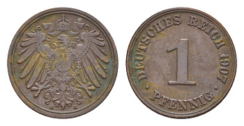Германия 1 пфенниг 1907 A, Вильгельм II (1888-1918) KM 10, J. 10 медь 4639-1129