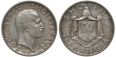 Албания 1 франга ари 1935 R, Ахмет Зогу I (1928-1939) KM 16 серебро 441-1532