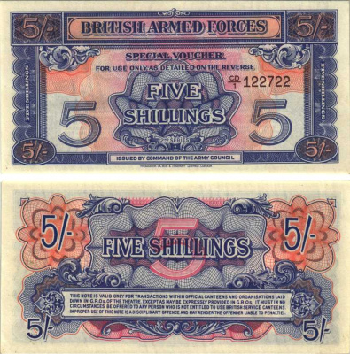 АНГЛИЯ 5 ШИЛЛИНГОВ 1961 ВТОРАЯ СЕРИЯ, ВАУЧЕР ДЛЯ ВООРУЖЕННЫХ СИЛ, БУМАГА С ВОДЯНЫМИ ЗНАКАМИ, ЧЕРНАЯ СЕРИЯ Pick M20b бумага UNC (ПРЕСС) 7207-13-1-2