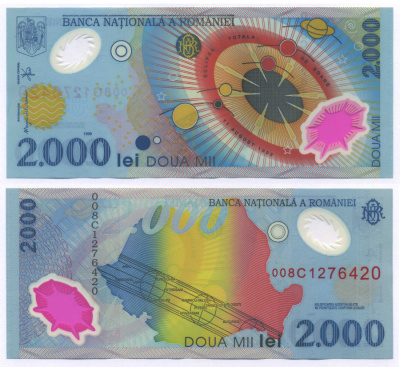 Румыния 2000 лей 1999 миллениум, солнечная система, солнечное затмение над Румынией Pick 111a пластик UNC (пресс) 7457-30-1-2