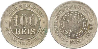 БРАЗИЛИЯ 100 РЕЙС 1889 РЕСПУБЛИКА KM 483 медно-никель 4529-534