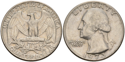 США 25 центов (квотер) 1973 Вашингтон KM 164а медь плакированная медно-никелем    4606-643