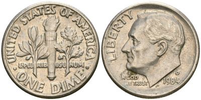 США 1 дайм - 10 центов 1984 D, Рузвельт KM 195а медь плакированная медно-никелем    4608-633