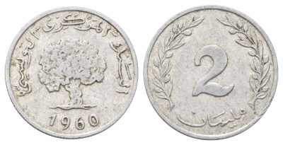 Тунис 2 миллима 1960 год-тип, пробковый дуб KM 281 алюминий 4699-1041