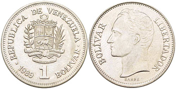 Венесуэла 1 боливар 1989 Симон Боливар KM 52a.2 сталь плакированная никелем 4513-811