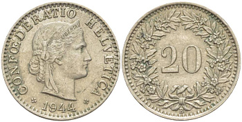 ШВЕЙЦАРИЯ 20 РАППЕНОВ 1944 В KM 29а медно-никель 4511-912