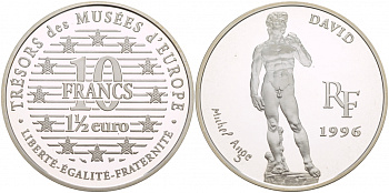 Франция 10 франков = 1 1/2 евро 1996 серия сокровища музеев Европы, Давид работы Микеланджело KM 1146 серебро PROOF 00-00