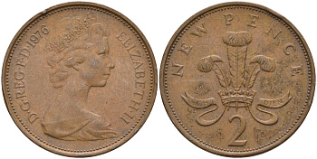 Великобритания 2 пенса 1976 Елизавета II (1952-2022) KM 916, Spink 4235 (C1) бронза 4587-912