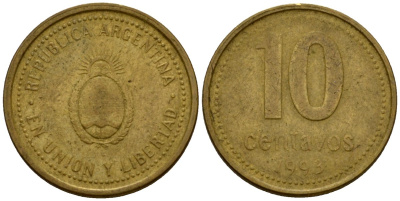 Аргентина 10 сентаво 1993 герб KM 107 алюминиевая бронза 4602-844