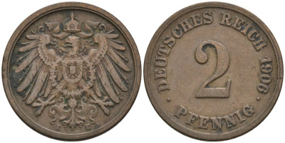 Германия 2 пфеннига 1906 Е KM 16, J. 11 медь 4567-1115