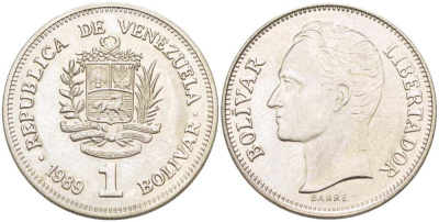 Венесуэла 1 боливар 1989 Симон Боливар KM 52a.2 сталь плакированная никелем 4513-811