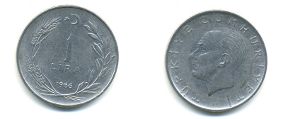 Турция 1 лира 1966 Мустафа Кемаль Ататюрк KM 889а.1 нержавеющая сталь 176-1124