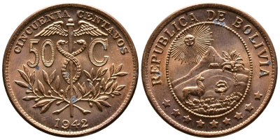 Боливия 50 сентаво 1942 кадуцей, лама, горы, солнце KM 182а.1 бронза aUNC 58-1022